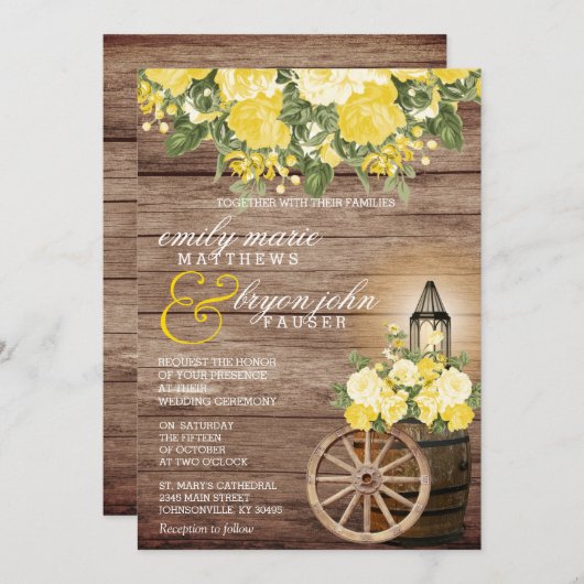 Invitation Beau tonneau en bois Patiné et fleurs jaunes (Devant / Derrière)