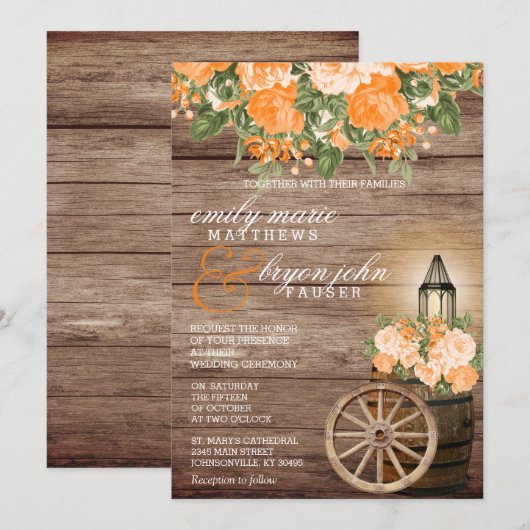Invitation Beau tonneau en bois Patiné et fleurs orange (Devant / Derrière)