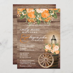 Invitation Beau tonneau en bois Patiné et fleurs orange