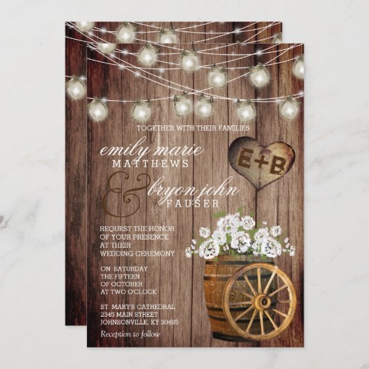 Invitation Beau tonneau en bois rustique et fleurs blanches  (Devant / Derrière)