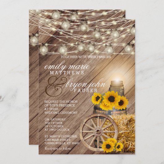 Invitation Beau tonneau en bois rustique et tournesols (Devant / Derrière)