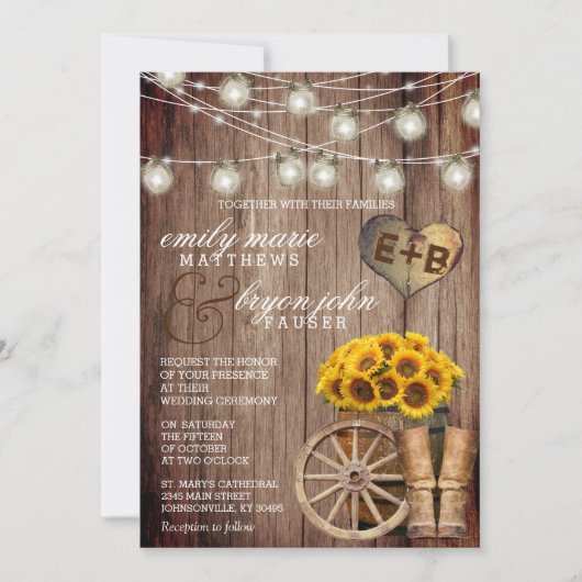 Invitation Beau tonneau en bois rustique et tournesols (Devant)
