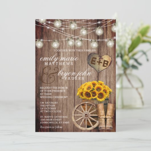 Invitation Beau tonneau en bois rustique et tournesols (Debout devant)
