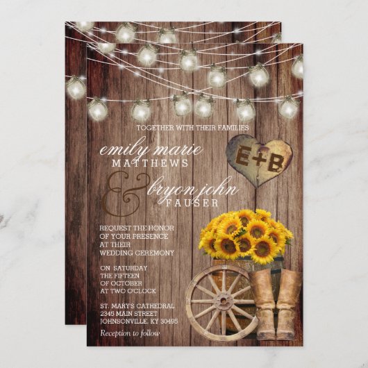 Invitation Beau tonneau en bois rustique et tournesols (Devant / Derrière)