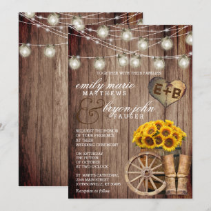 Invitation Beau tonneau en bois rustique et tournesols