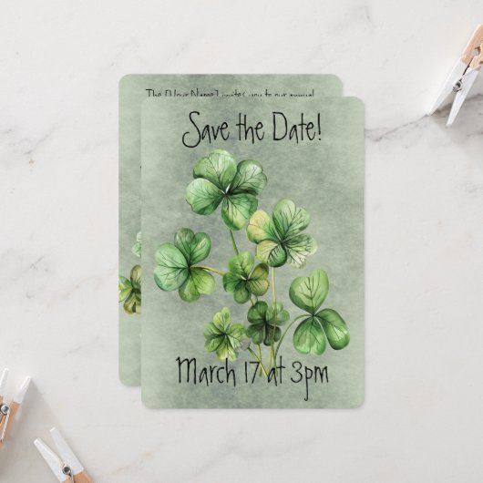 Invitation Beau Trèfle Aquarelle Vert (Devant/Arrière en situation)