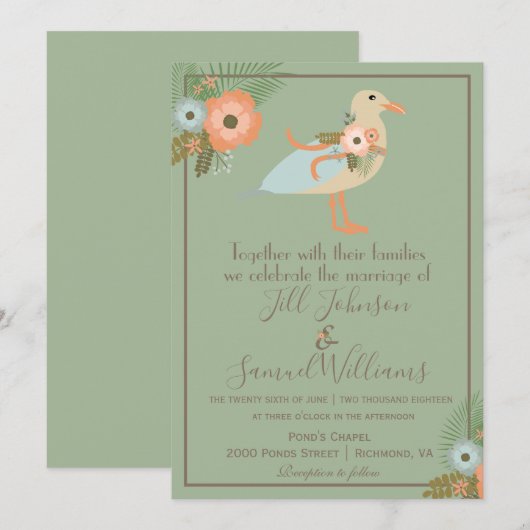 Invitation Beau Vert Élégant Mariage d'oiseaux (Devant / Derrière)