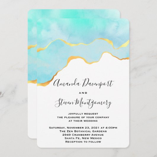 Invitation Beau vert tropical avec Mariage frontière or (Devant / Derrière)