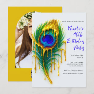 Invitation Beauté de Luxe Goutte d'Or Plume de Paon Anniversa