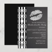Invitation Beauté Lèvres Kiss Fête Noir Blanc & Faux Argent (Devant / Derrière)
