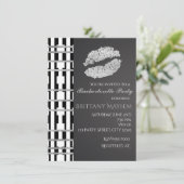 Invitation Beauté Lèvres Kiss Fête Noir Blanc & Faux Argent (Debout devant)