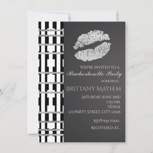 Invitation Beauté Lèvres Kiss Fête Noir Blanc & Faux Argent (Devant)