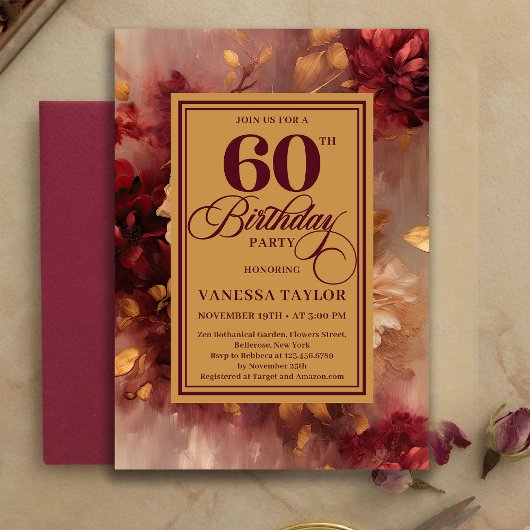 Invitation Beautiful 60th Birthday Burgundy Roses Gold Invite