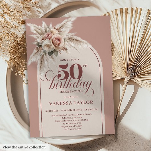 Invitation Beautiful Boho Arch Pastel Pink Pampas Floral 50th