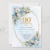 Invitation Beautiful Boho Dusty Blue White Flowers 90th Bday (Devant)