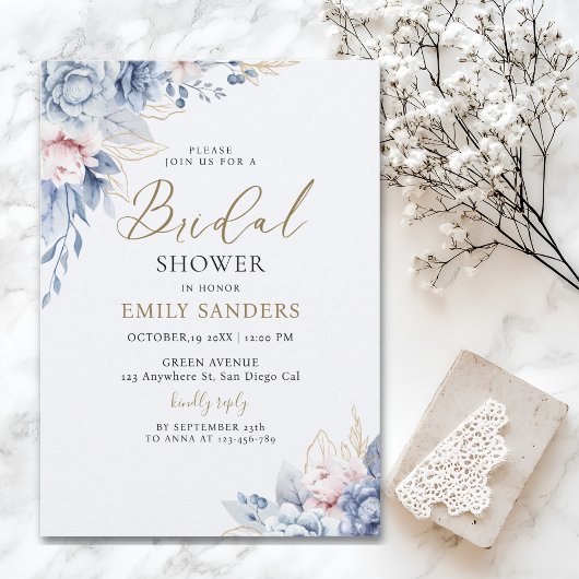Invitation Beautiful Bridal Shower with Flowers Blue Tones