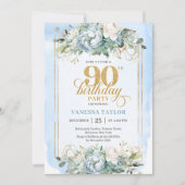 Invitation Beautiful dusty blue and gold 90th birthday invite (Devant)