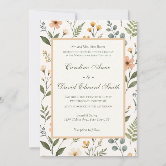 Invitation Beautiful Pastel Neutral Wildflowers and Ferns (Devant)