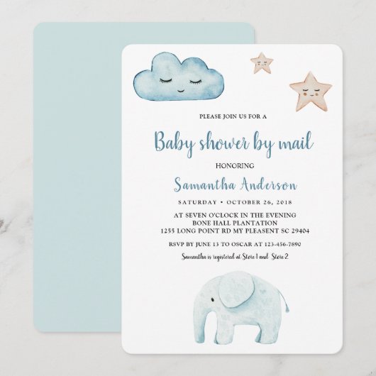 Invitation Beauty Pastel Blue Elephant Baby shower Par Mail (Devant / Derrière)