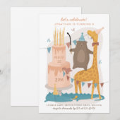 Invitation Beaux animaux amusants : girafe d'ours. Anniversai (Devant / Derrière)