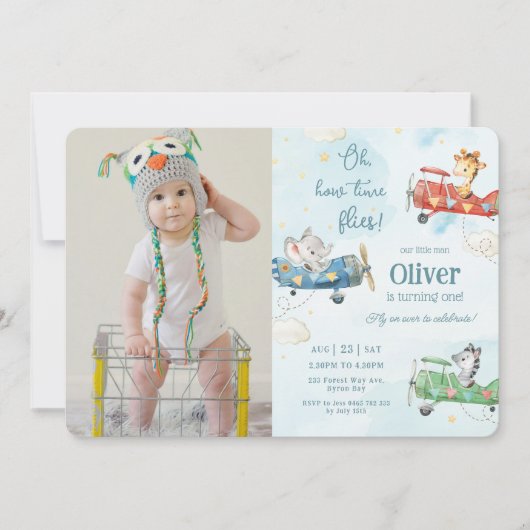 Invitation Beaux Animaux Avion Aventure Temps Vols Anniversai (Devant)