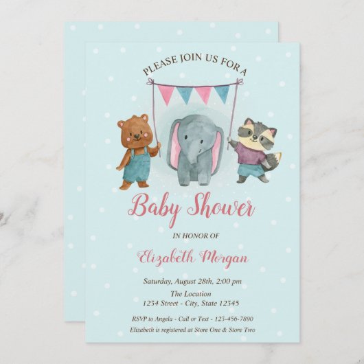 Invitation Beaux animaux, Baby shower à points bleus (Devant / Derrière)