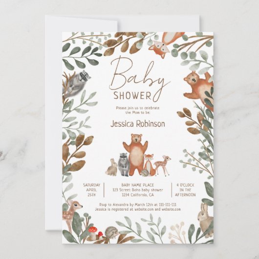 Invitation Beaux animaux de la forêt baby shower des bois (Devant)