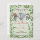 Invitation Beaux Animaux, Feuille, Baby shower à points bleus (Devant)