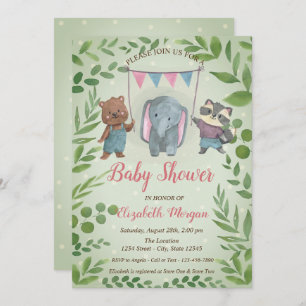Invitation Beaux Animaux, Feuille, Baby shower à points bleus