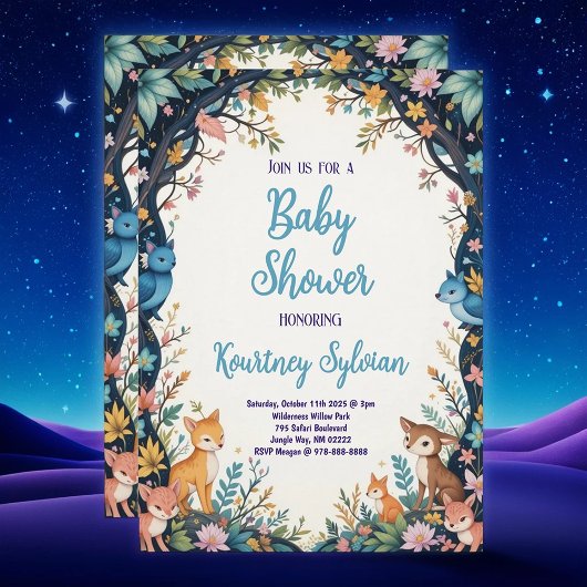 Invitation Beaux Animaux Pastel Floral Baby shower boisé