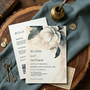 Invitation Beaux-Arts Fleur 3D Bleu Ivoire Tout-En-Un