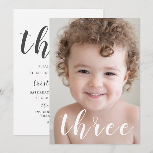Invitation Beaux garçons 3ème anniversaire fête Photo & Scrip (Devant / Derrière)