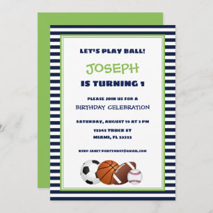 Invitation Beaux sports verts et bleus rayé Anniversaire