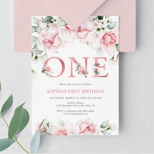 Invitation Bébé 1er Anniversaire Blush & Rose Gold Floral