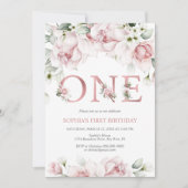 Invitation Bébé 1er Anniversaire Blush & Rose Gold Floral (Devant)
