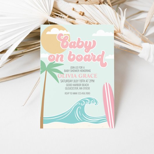 Invitation Bébé à bord Baby shower de plage Surf rose