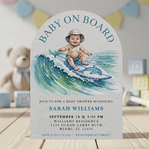 Invitation Bébé à bord Baby shower de surf aquarelle