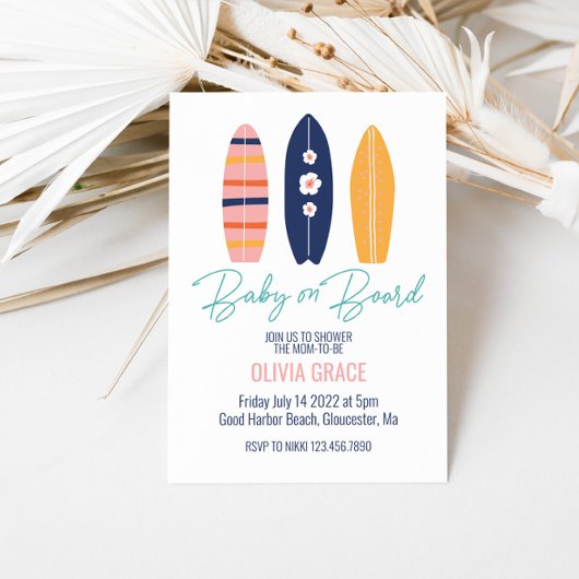 Invitation Bébé à bord Baby shower de surf rose