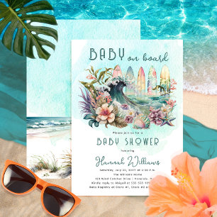 Invitation Bébé à bord Baby shower floral de surf tropical