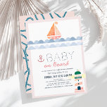 Invitation Bébé à bord Baby shower Nautique rose fille<br><div class="desc">Cette invitation de baby shower "Baby on Board", mignonne et moderne, présente un phare rose et bleu marine, voilier, ancre avec vagues bleues sur un arrière - plan blanc encadré par une bordure rose vif. L'envers est orné d'un arrière - plan rose vif avec des motifs de corde bleu marine....</div>