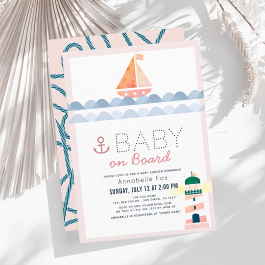 Invitation Bébé à bord Baby shower Nautique rose fille