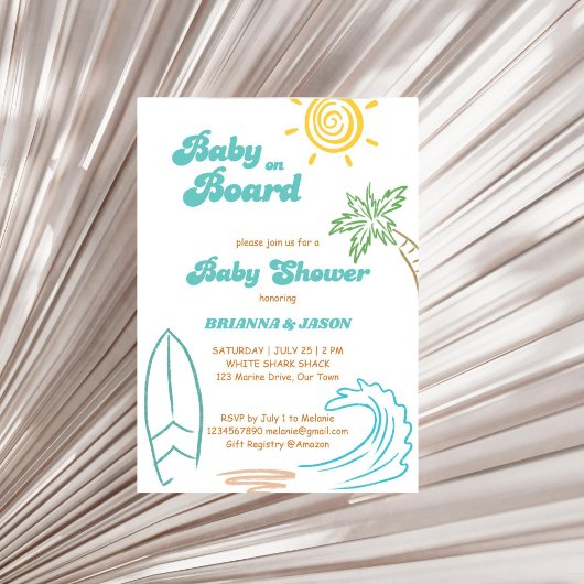 Invitation Bébé à bord baby shower rétro de doodle surf