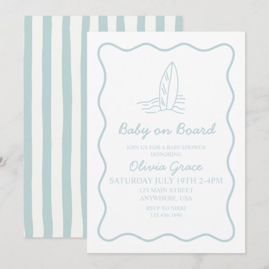 Invitation Bébé à bord doodle Planche de surf Fête de naissan (Devant / Derrière)