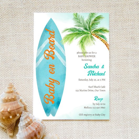Invitation Bébé à bord du baby shower de plage de surf tropic