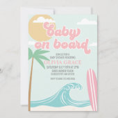 Invitation Bébé à bord Fête de naissance bébé plage rose surf (Devant)