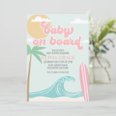 Invitation Bébé à bord Fête de naissance bébé plage rose surf (Debout devant)