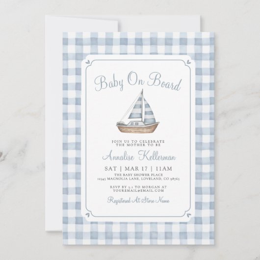 Invitation Bébé à Bord Gingham Naissance Marin (Devant)