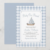 Invitation Bébé à Bord Gingham Naissance Marin (Devant / Derrière)