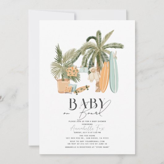 Invitation Bébé à bord Palm Tree Surfboard Baby shower (Devant)