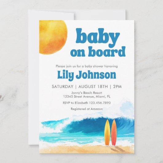Invitation Bébé à bord Surf Beach Baby Shower QR Code (Devant)